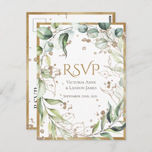 Elegant Rustic Greenery Gold Glitter Wedding RSVP Briefkaart (Voorkant / Achterkant)