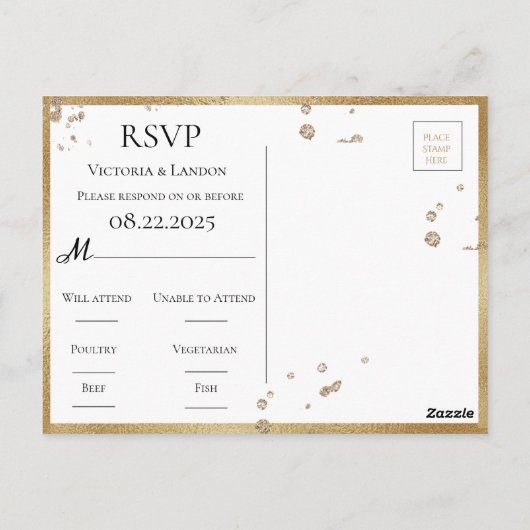 Elegant Rustic Greenery Gold Glitter Wedding RSVP Briefkaart (Achterkant)