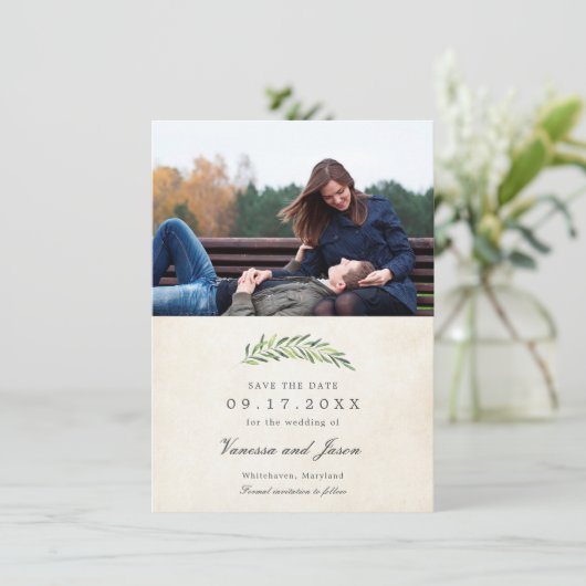 Elegant Rustic Greenery Photo Save the Date Kaart (Staand voorkant)