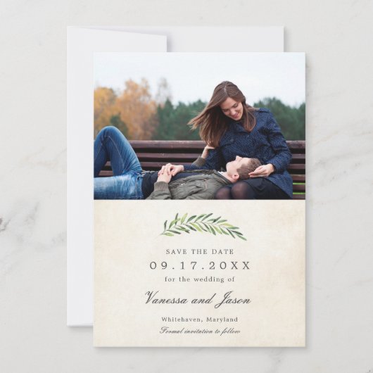 Elegant Rustic Greenery Photo Save the Date Kaart (Voorkant)