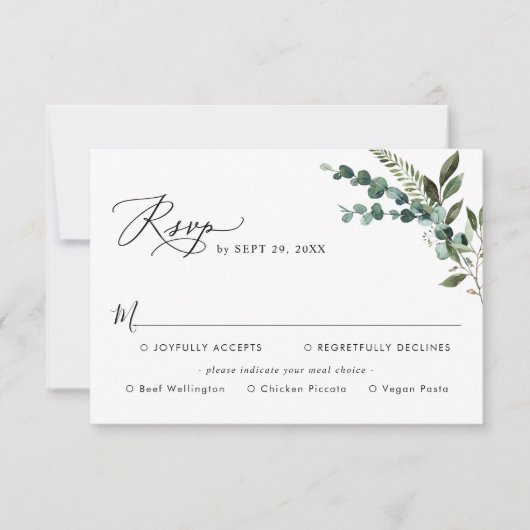Elegant Rustic Greenery Wedding Meal Options RSVP Kaartje (Voorkant)