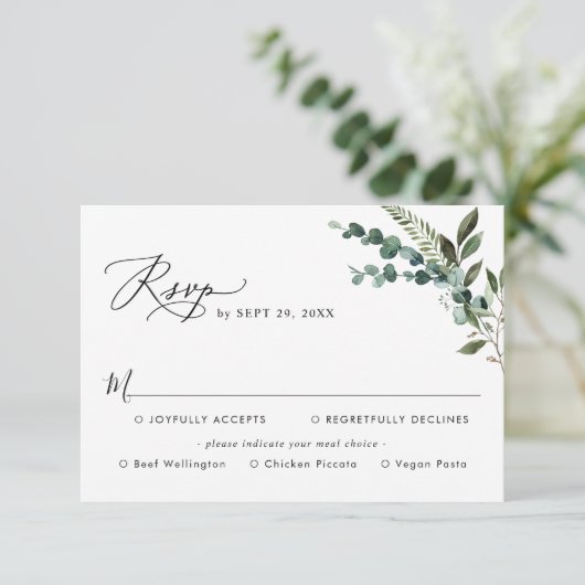 Elegant Rustic Greenery Wedding Meal Options RSVP Kaartje (Staand voorkant)