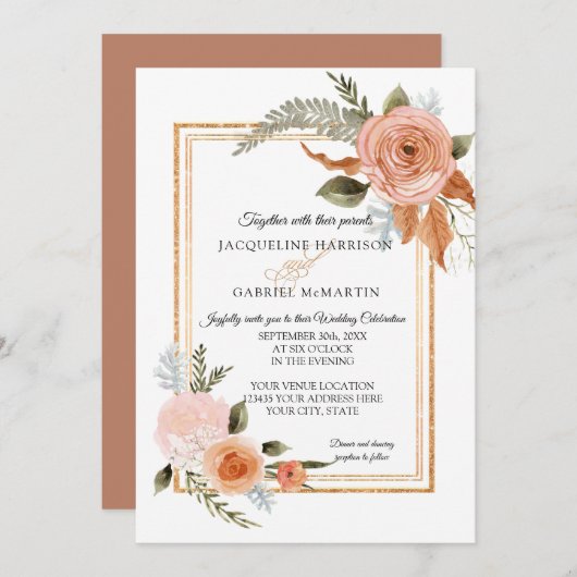 Elegant Rustic Herfst Floral Copper Gold Wedding Kaart (Voorkant / Achterkant)