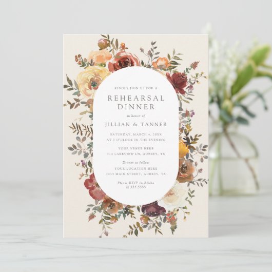 Elegant Rustic Herfst Floral Rehearsal Dinner Invi Kaart (Staand voorkant)