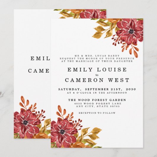 Elegant Rustic Herfst Floral Wedding Uitnodiging (Voorkant / Achterkant)