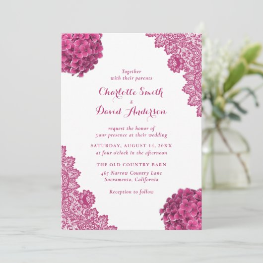Elegant Rustic Hot Pink Floral Lace Wedding Kaart (Staand voorkant)