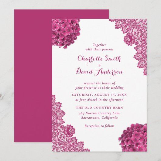 Elegant Rustic Hot Pink Floral Lace Wedding Kaart (Voorkant / Achterkant)