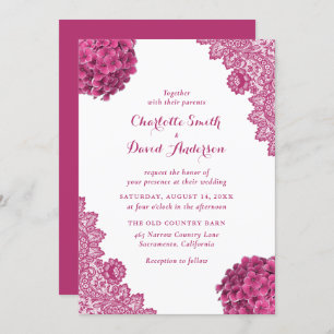 Elegant Rustic Hot Pink Floral Lace Wedding Kaart