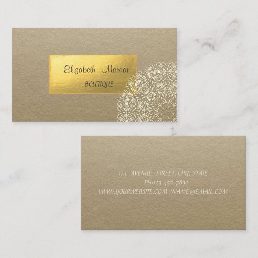 Elegant Rustic, Kraft, Gold Lace Visitekaartje (Voorkant / Achterkant)