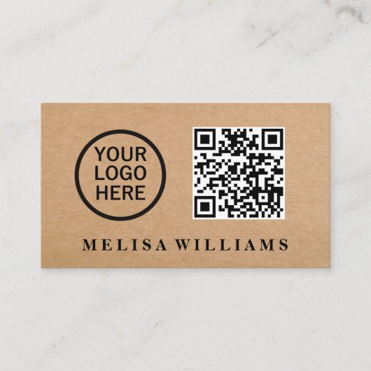 Elegant Rustic Kraft Logo QR code Visitekaartje (Voorkant)