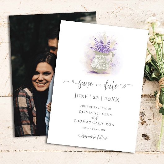 Elegant Rustic Lavender Lace Pot Floral Foto Save The Date