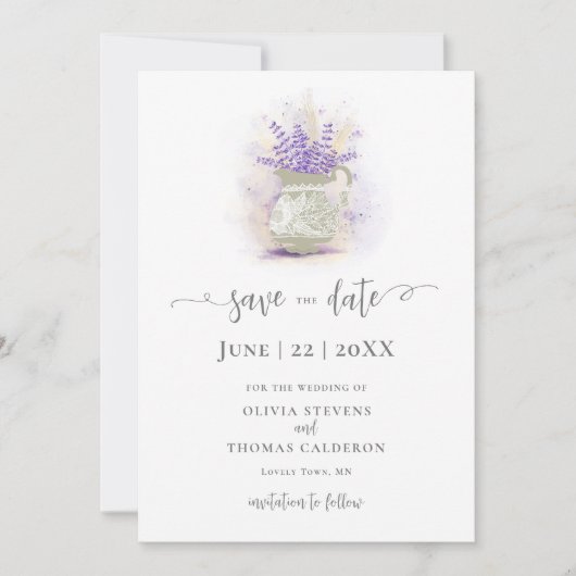 Elegant Rustic Lavender Lace Pot Floral Foto Save The Date (Voorkant)