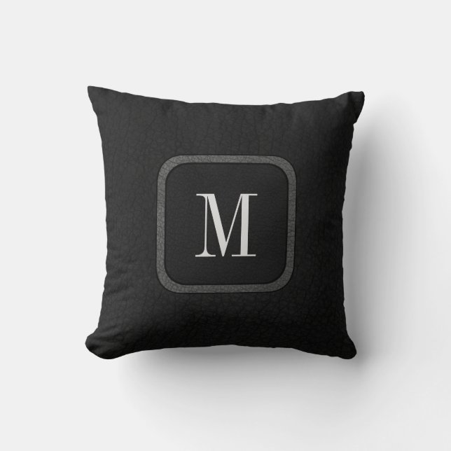 Elegant Rustic  Leather Black Gray Monogram Kussen (Voorkant)