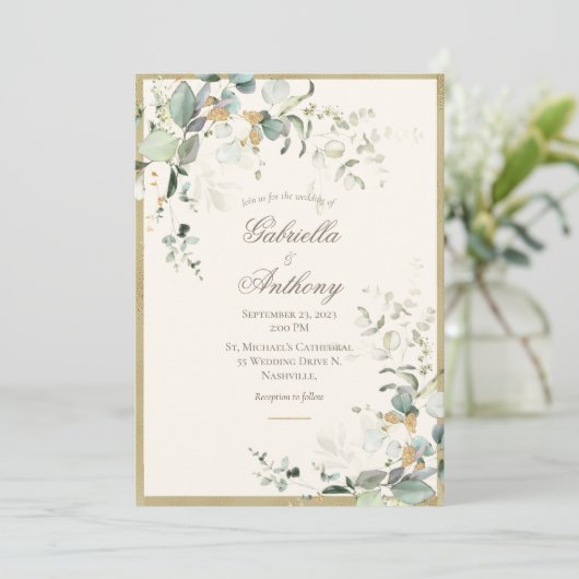 Elegant Rustic Leaves Greenery Gold Wedding Kaart (Staand voorkant)