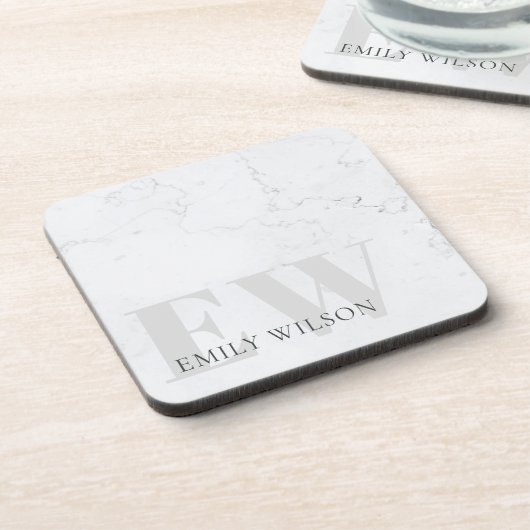 Elegant Rustic Marble Stone Ivory Gray Monogram Bier Onderzetter (Linkerzijde)