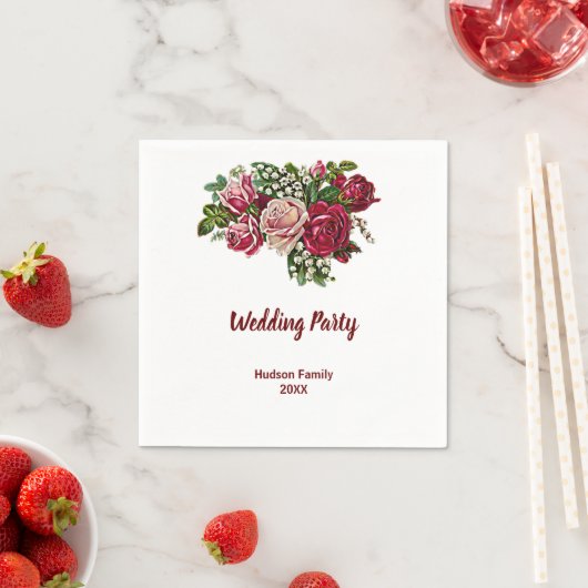 Elegant Rustic Maroon/Burgundy Roos Wedding Party Servet (Insitu)