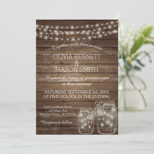 Elegant Rustic Mason Jar Lights bruiloft Kaart (Staand voorkant)