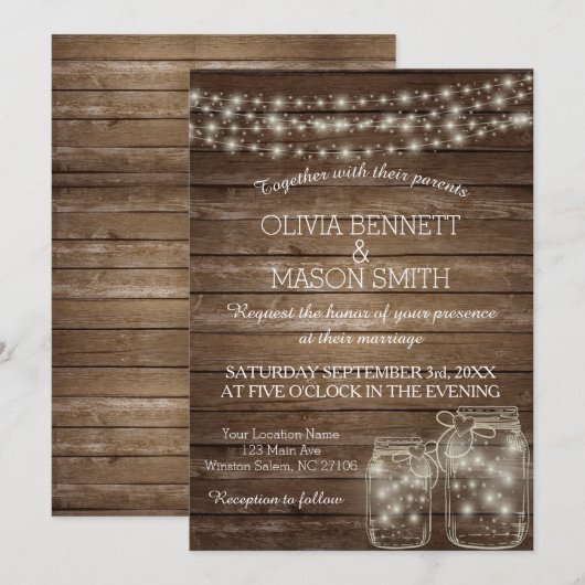 Elegant Rustic Mason Jar Lights bruiloft Kaart (Voorkant / Achterkant)