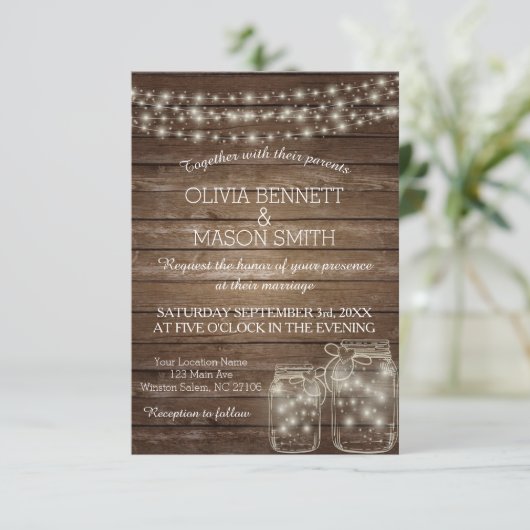 Elegant Rustic Mason Jar Lights Wedding Uitnodigin Kaart (Staand voorkant)