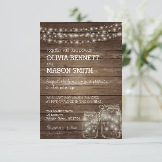 Elegant Rustic Mason Jar Lights Wedding Uitnodigin Kaart (Staand voorkant)