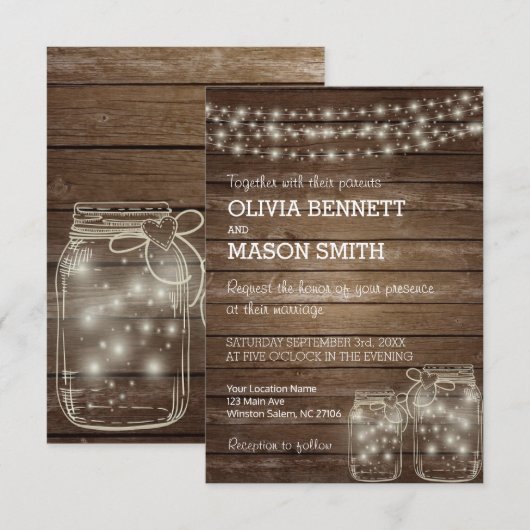 Elegant Rustic Mason Jar Lights Wedding Uitnodigin Kaart (Voorkant / Achterkant)
