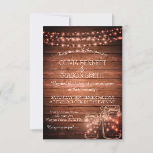 Elegant Rustic Mason Jar Lights Wedding Uitnodigin Kaart (Voorkant)