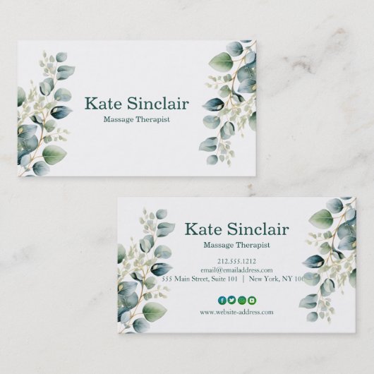 Elegant Rustic Minimal Greenery Massage Therapist Visitekaartje (Voorkant / Achterkant)