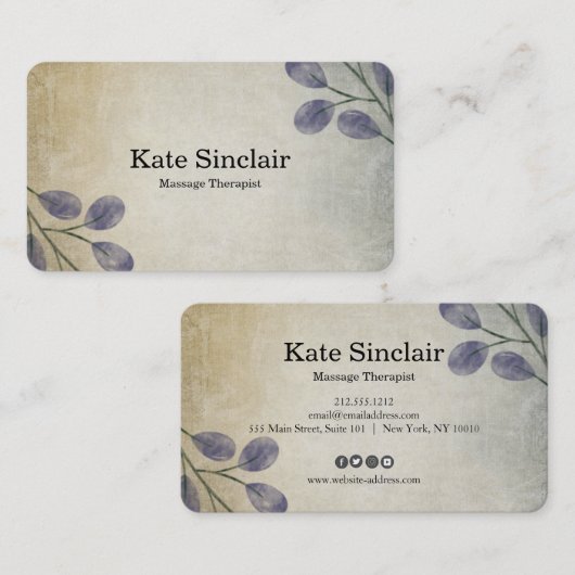 Elegant Rustic Minimal Greenery Massage Therapist Visitekaartje (Voorkant / Achterkant)