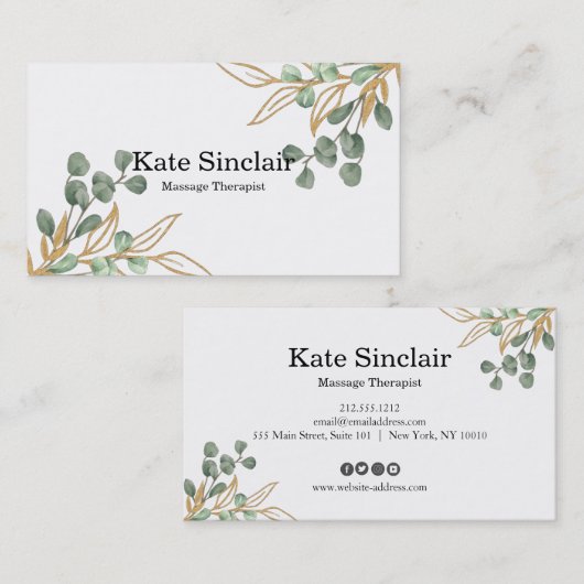 Elegant Rustic Minimal Greenery Massage Therapist Visitekaartje (Voorkant / Achterkant)