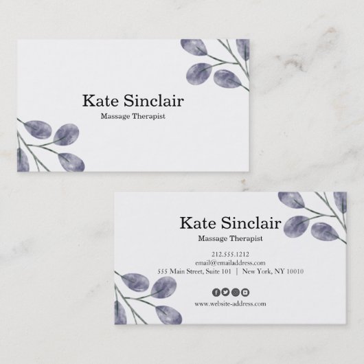 Elegant Rustic Minimal Greenery Massage Therapist Visitekaartje (Voorkant / Achterkant)