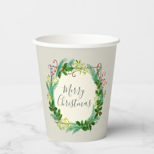 Elegant Rustic Modern Green Taupe Merry kerst Papieren Bekers (Voorkant)