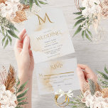 Elegant Rustic Monogram Waterverf Foto bruiloft All In One Uitnodiging<br><div class="desc">Prachtige neutrale all-in-one monogram trouwuitnodiging. Elegant waterverf beige achtergrond. De gouden accenten voegen de schoonheid van deze trouwuitnodiging toe. Het adres van de terugkeer dat voor uw gemak wordt toegevoegd en op de etiketten van het terugkeeradres te bewaren.</div>