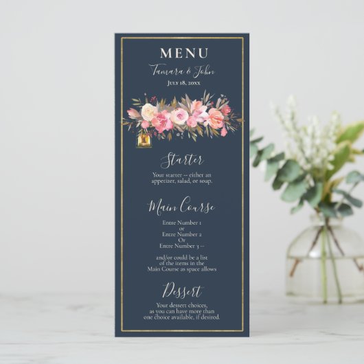 Elegant Rustic Navy Blue Coral Lights Menu (Staand voorkant)