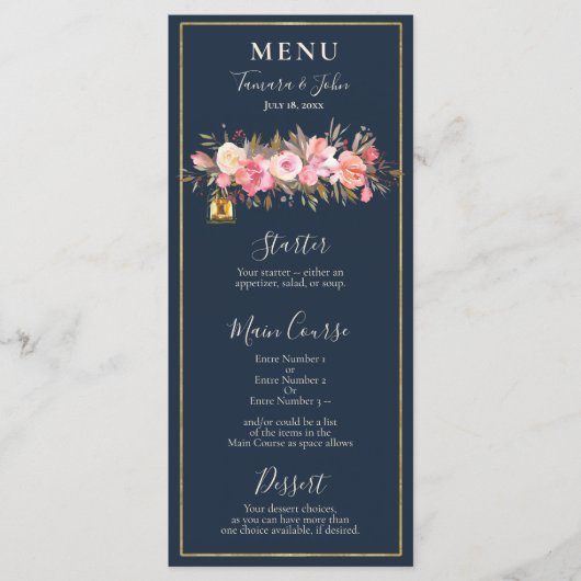 Elegant Rustic Navy Blue Coral Lights Menu (Voorkant)