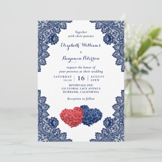Elegant Rustic Navy Blue en Red Floral Wedding Kaart (Staand voorkant)