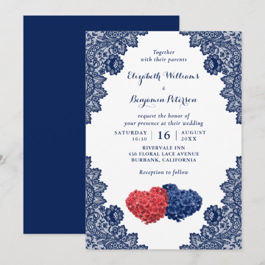 Elegant Rustic Navy Blue en Red Floral Wedding Kaart (Voorkant / Achterkant)