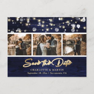 Elegant Rustic Navy Blue Gold Foil Weduwfoto Aankondigingskaart