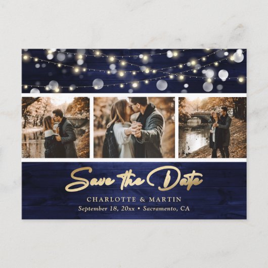 Elegant Rustic Navy Blue Gold Foil Weduwfoto Aankondigingskaart (Voorkant)
