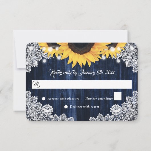 Elegant Rustic Navy Blue Wood Sunflower Wedding RSVP Kaartje (Voorkant)
