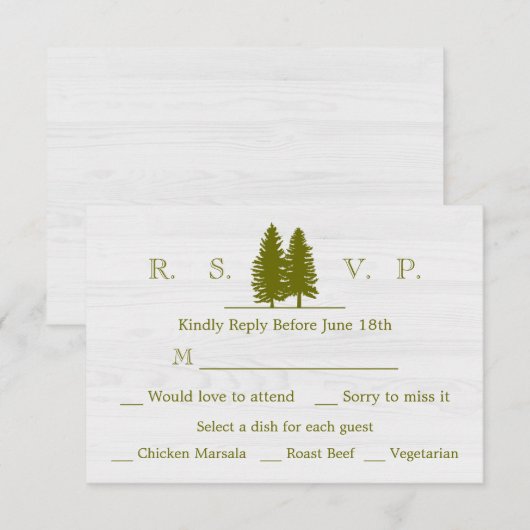 Elegant Rustic Pine Trees op Witte Hout Achtergron RSVP Kaartje (Voorkant / Achterkant)
