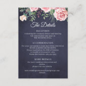 Elegant rustic pink floral navy wedding details informatiekaartje (Voorkant)