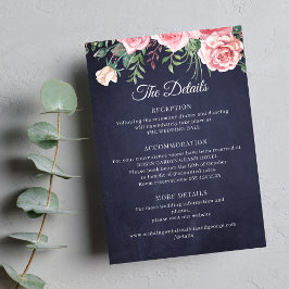 Elegant rustic pink floral navy wedding details informatiekaartje