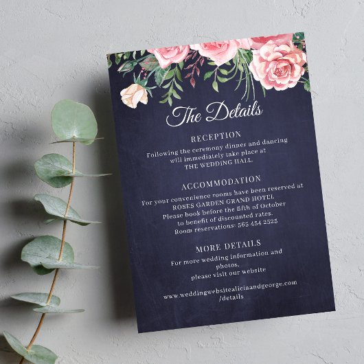Elegant rustic pink floral navy wedding details informatiekaartje