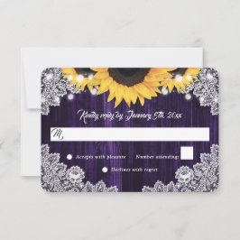 Elegant Rustic Purple Wood Lace Sunflower Wedding RSVP Kaartje