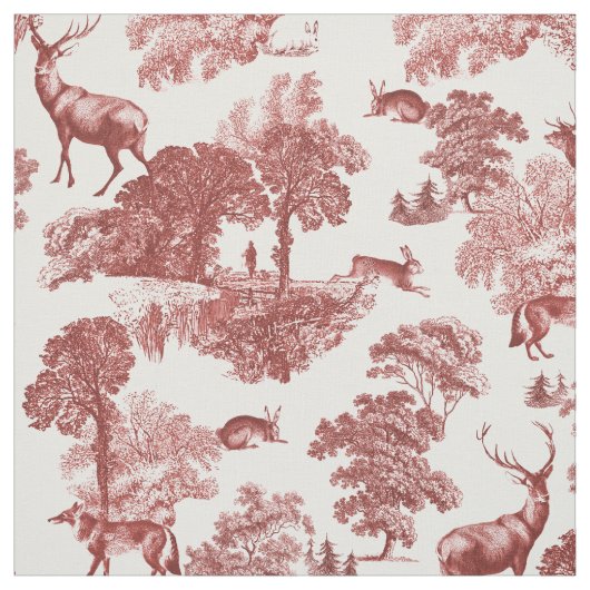 Elegant Rustic Red, Frans Toile Deer Fox Stof (Swatch)