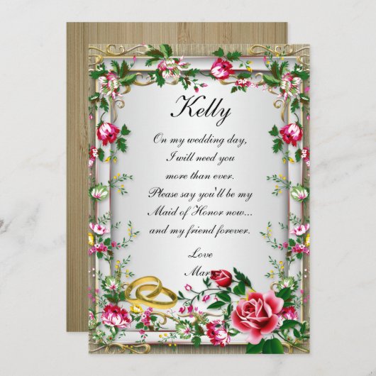 Elegant Rustic Red Roses Maid of Honor Kaart (Voorkant / Achterkant)