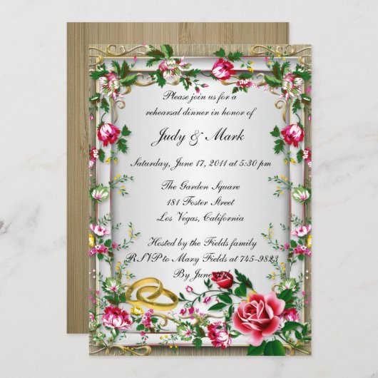 Elegant Rustic Red Roses Rehearsal Dinner Invite Kaart (Voorkant / Achterkant)