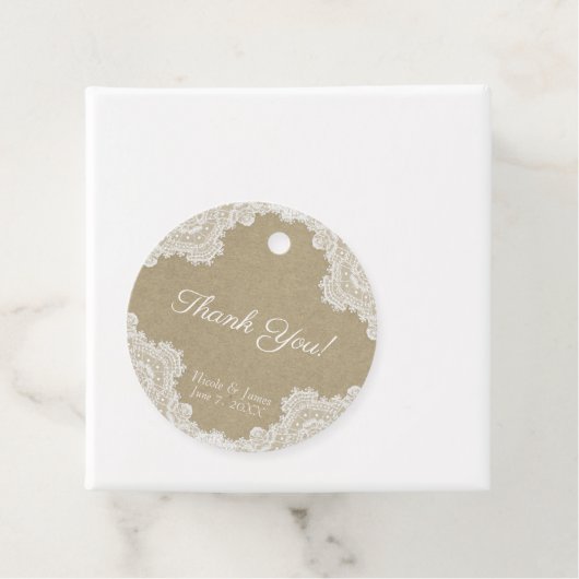 Elegant Rustic Romance White Lace & Kraft Wedding Bedankjes Labels (In situ)