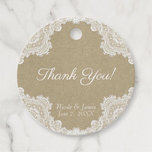 Elegant Rustic Romance White Lace & Kraft Wedding Bedankjes Labels (Voorkant)