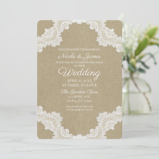 Elegant Rustic Romance White Lace & Kraft Wedding Kaart (Staand voorkant)